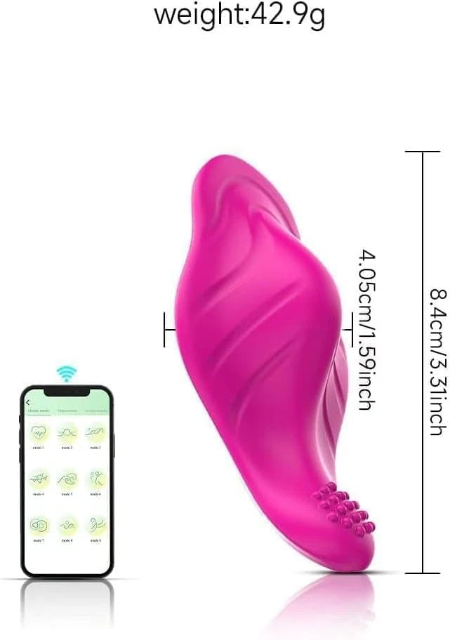 A bright pink curved personal massager shown on a white background with overlaid dimension lines and text indicating height, plus a smartphone showing a companion app screen and the text 'weight:42.9g'.


