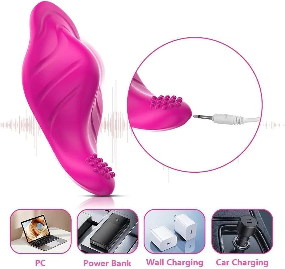 A bright pink personal massager shown on a white background with feature callouts: a circular inset highlights the textured tip and attached cable, and four small panels at the bottom show charging options including PC, power bank, wall charging, and car charging.


