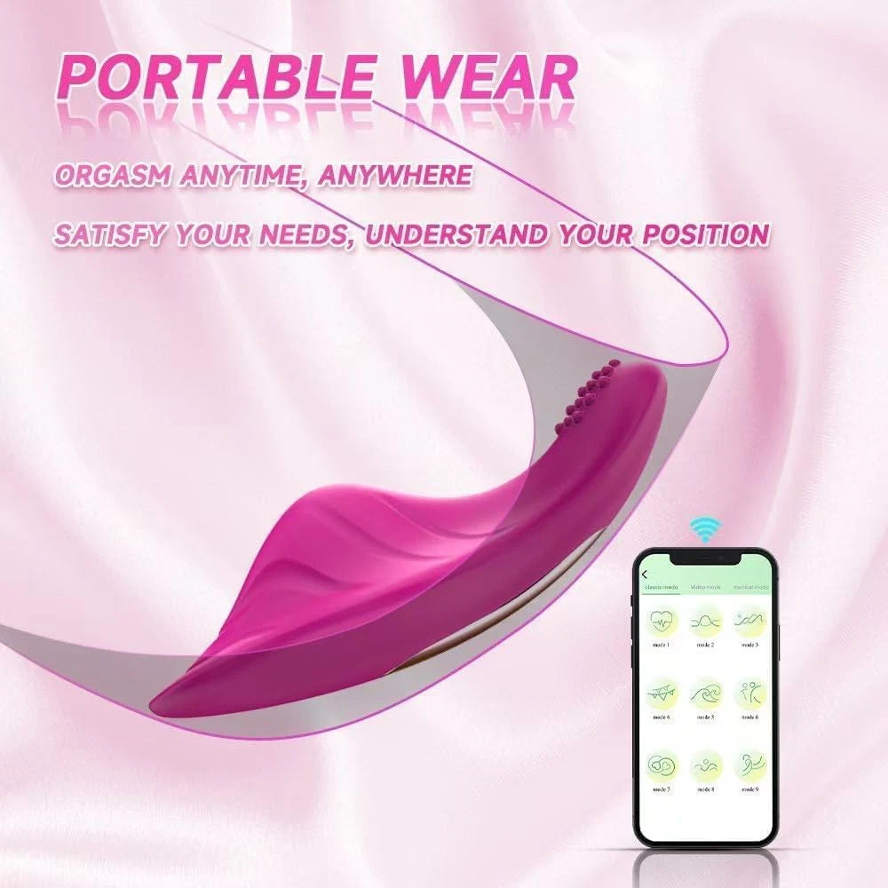 A pink and white portable wearable device with promotional text on a pink satin-like background, plus a smartphone showing a control app screen.

