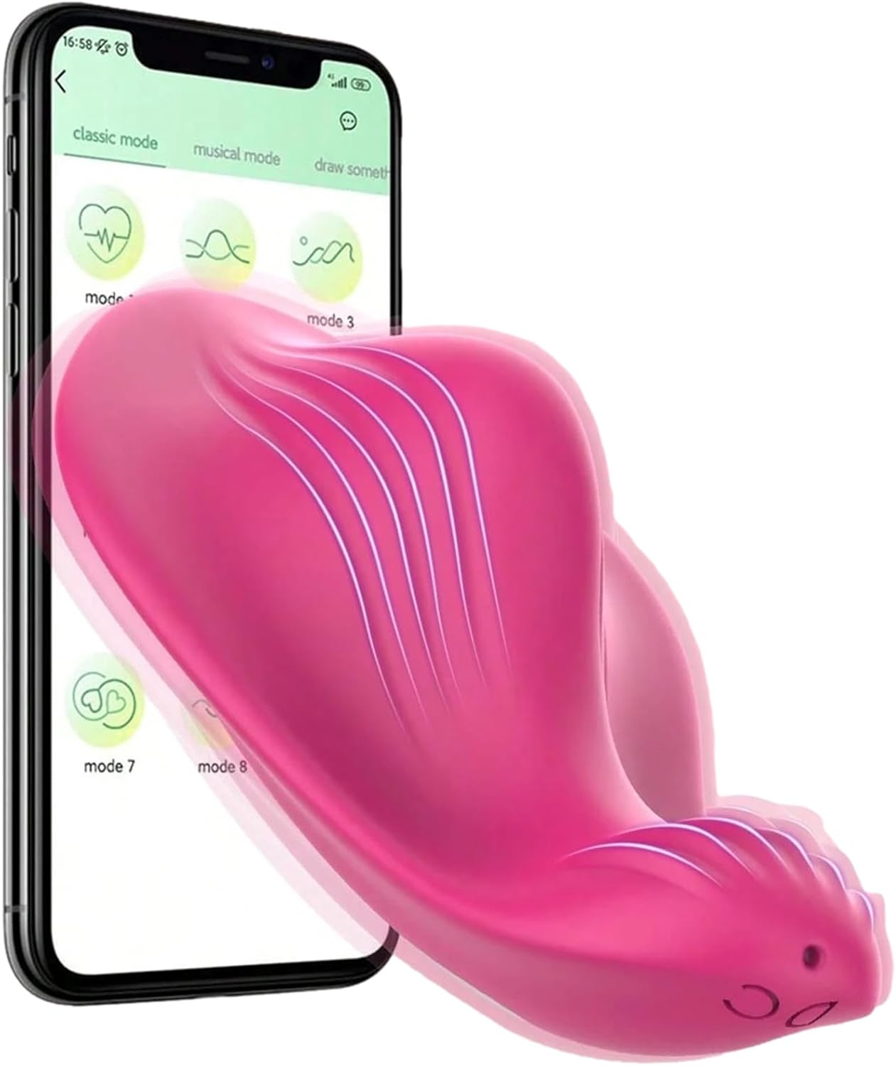 A pink silicone fish-shaped massager shown in front of a smartphone screen displaying an app interface, on a plain white background.

