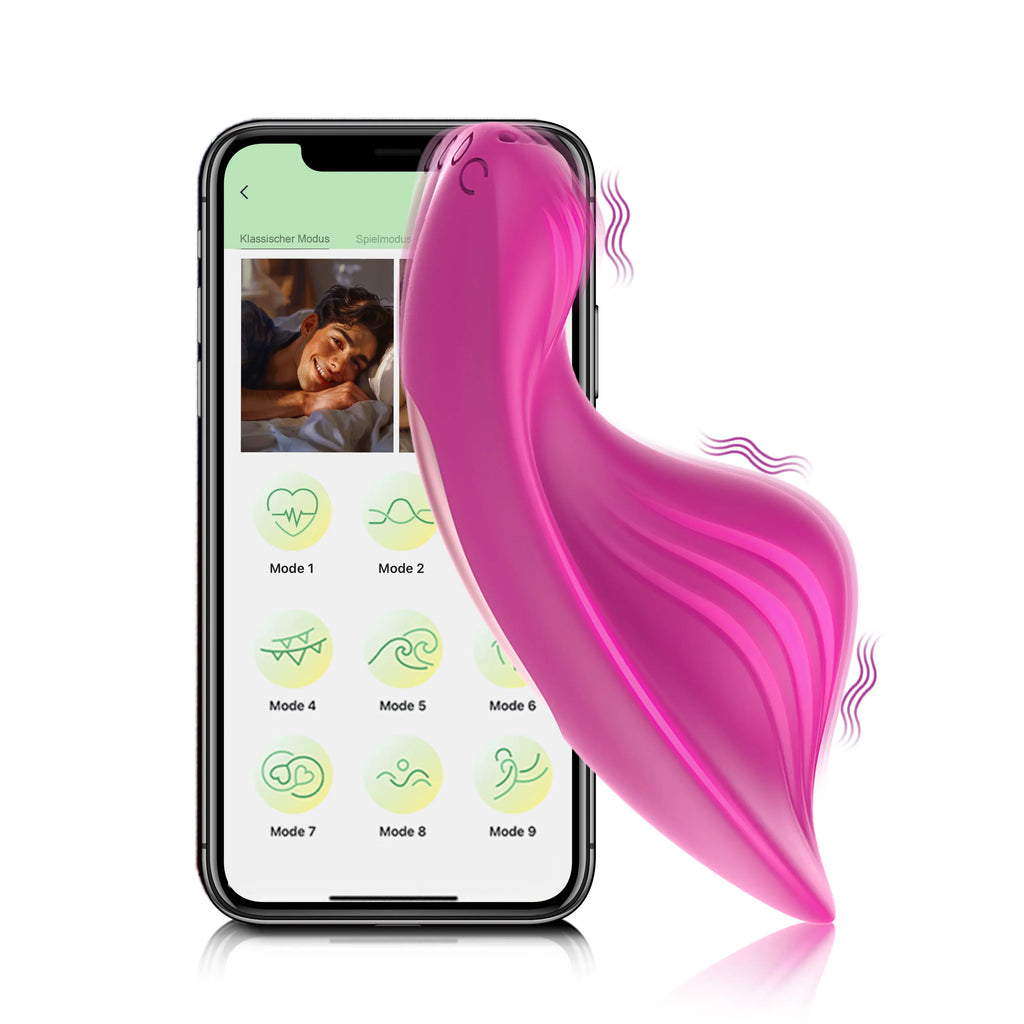 A pink silicone intimate massager with flowing ribbon-like tails, shown beside a smartphone displaying a companion app interface on a clean white background.

