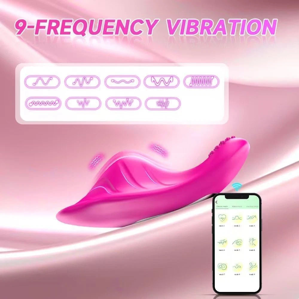 A pink silicone personal massager with a curved, wave-like design, shown on a pink satin background with text reading '9-FREQUENCY VIBRATION' and a smartphone displaying vibration mode icons.

